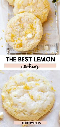 a lemon cookie studded with white chocolate chips and garnished with lemon zest Lemon Cookie With White Chocolate Chips, Lemon Chips Recipes, Lemon Cookies With White Chocolate Chips, Lemon Chip Cookies, Lemon Cookies With Glaze, Lemon White Chocolate Cookies, Lemon White Chocolate Chip Cookies, Best Lemon Cookies, Lemon Cookie Recipe