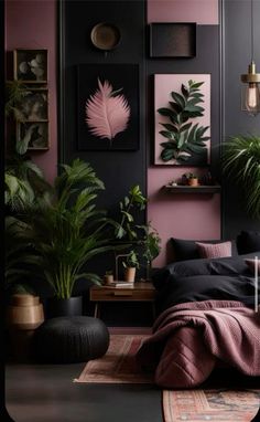 a bedroom with pink walls and plants on the wall in front of it, along with a bed