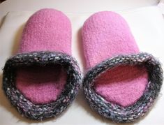 These are slippers that I just love to wear.  They are so warm, comfy, and good looking.  I made several pairs to sell, and just had to keep one for myself.  They feel like a sock, but have the warmth and durability of felted wool. The soles on these slippers have two layers of knit wool for extra cushiness, warmth, and durability.  The slippers are knit from hot pink wool yarn with novelty gray/pink tweed yarn around the cuff.  After the knitting was finished, I put them in the washing machine in hot water to shrink them to a nice dense felted fabric.   The slippers have an open back, so they are really easy to slip on, and have a flexibility of size.  These slippers are size 6 - 8 measuring 10.5" from heel to toe and 11" around at the instep.  After wearing for a while, they just form to Super Soft Pink Slip-on Slippers, Pink Comfortable Winter Slippers, Comfortable Pink Winter Slippers, Cozy Pink Slippers With Round Toe, Cozy Pink Round Toe Slippers, Pink Comfy Winter Slippers, Cozy Pink Indoor Slippers, Comfortable Pink Slip-on Slippers, Comfortable Pink Indoor Slippers