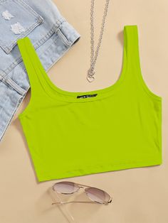 Lime Green Casual Collar  Fabric Plain Tank Embellished Non-Stretch Summer Women Clothing Neon Crop Top, Neon Tank Top, Top Verde, Neon Top, Knitted Crop Tank Top, Top Summer Outfits, Neon Outfits