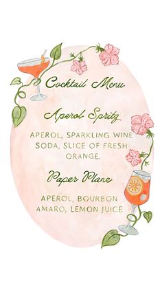 a watercolor drawing of cocktail menu with flowers and drinks on the front, in pink tones