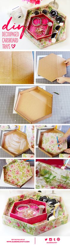 the instructions for how to make a diy jewelry box with flowers and scissors in it