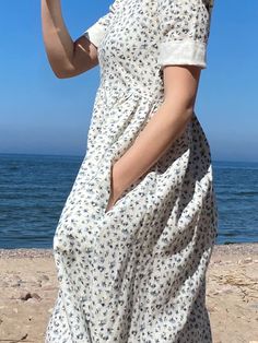 High Waisted Floral Linen Smock Dress With Pockets - Etsy Lithuania Smock Dress, Dress With Pockets, Linen Clothes, Lithuania, Smocking, Ships, High Waisted, Sun, Womens Dresses