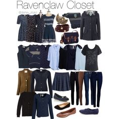 a bunch of clothes and shoes are arranged in the shape of a collage with text that reads ravenclaw closet