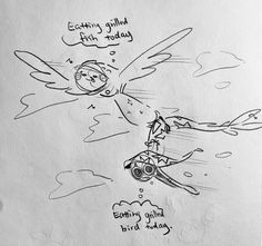 a drawing of a man flying through the air with an airplane in front of him