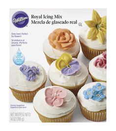 a package of royal icing mix cupcakes with frosting flowers on them