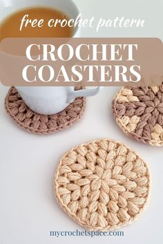 crochet coasters with coffee cup and saucer