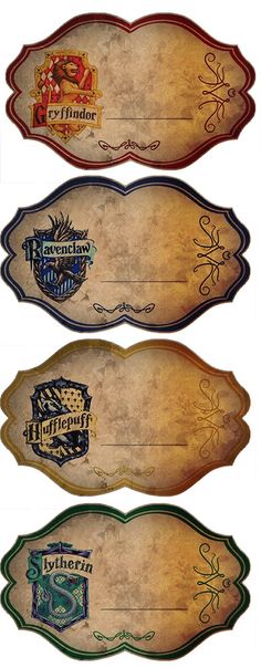 three wooden signs with hogwartian crests on one side and harry potter crest on the other