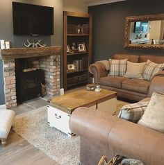 a living room filled with furniture and a fire place in front of a tv mounted on a wall