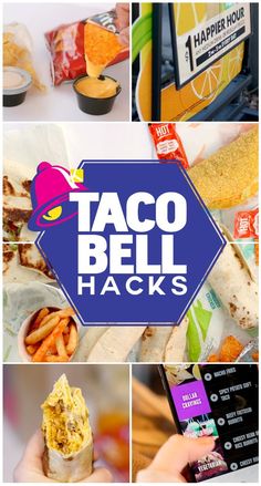 the taco bell hacks logo is shown above pictures of food and drink items