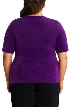 Softness and sophistication define this irresistible sweater designed with elbow-length sleeves and a fuzzy texture. 24" length (size 16W) Crewneck Elbow-length sleeves 70% nylon, 20% acrylic, 10% viscose Hand wash, dry flat Imported Purple Textured Knit Crew Neck Top, Short Sleeve Knit Top, Rib Knit Top, Purple Shorts, Latest T Shirt, Fuzzy Sweater, Sweaters And Leggings, Casual Blazer, Pink Tshirt