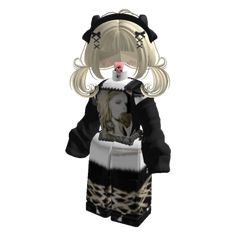 an animated doll is dressed up in black and white clothing with a cat's head sticking out