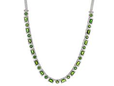 12.60ctw 4-6mm Mixed Shape Chrome Diopside With 1.1mm Round 4.50ctw White Zircon, Rhodium Over Sterling Silver Necklace. Measures approximately 0.29"W. Hidden box clasp with safety. Green Sterling Silver Jewelry With Baguette Cut, Fine Jewelry Green Baguette Cut, Green Baguette Cut Sterling Silver Jewelry, Green Baguette Cut Fine Jewelry, Green Jewelry With Gemstone Accents In Cubic Zirconia, White Gold Baguette Cut Jewelry For May Birthstone, Green Baguette Cut Gemstone Jewelry, Emerald Cut Peridot Jewelry For Formal Occasions, Emerald Cut Peridot Jewelry For Formal Events