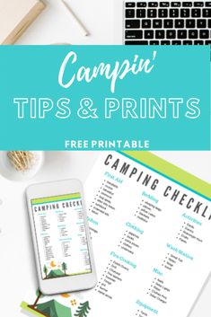 camping checklist with text reading campin'tips & prints free printable