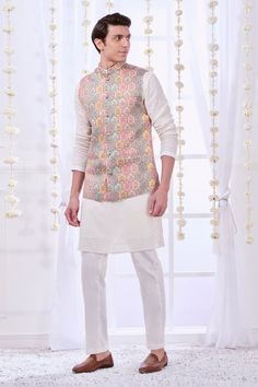 Pink, multicolor bundi with kalamkari print in mughal pattern. Paired with printed kurta and pant. - Aza Fashions Fitted Multicolor Nehru Jacket For Festivals, Designer Multicolor Nehru Jacket With Zari Work, Fitted Multicolor Nehru Jacket With Zari Work, Multicolor Bandhgala Straight Kurta For Transitional Seasons, Traditional Multicolor Nehru Jacket For Transitional Season, Fitted Multicolor Nehru Jacket For Designer Wear, Transitional Multicolor Nehru Jacket For Festive Occasions, Transitional Season Multicolor Nehru Jacket For Festive Occasions, Designer Multicolor Nehru Jacket With Chikankari Embroidery