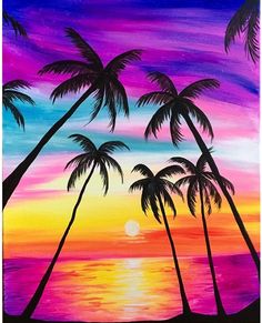 a painting of palm trees and the sun setting over the ocean with purple, blue, yellow and pink colors