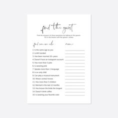 a printable list with the words find the guest