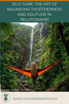 a woman sitting in a hammock with the words self - care the art of balancing