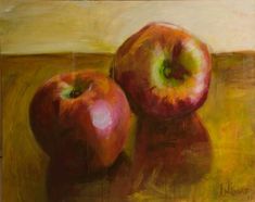 an oil painting of two apples on a table