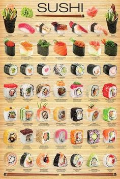 a poster with sushi on it and the names of different types of sushi