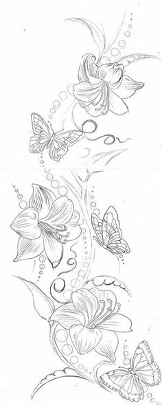 a drawing of flowers and butterflies on a white background