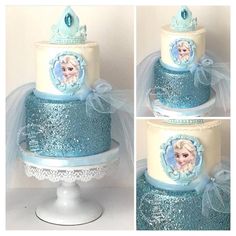 there is a three layer cake decorated with frozen princesses