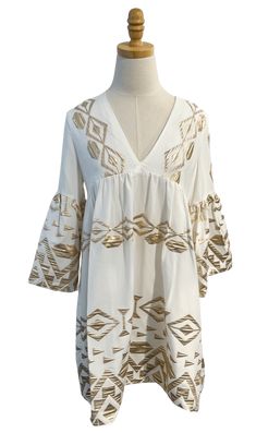 Lace Apparel Lace | White & Gold Long Bell Sleeve Mini Dress Modern Greek Fashion, Greek Fashion Modern, Bell Sleeve Mini Dress, Metallic Prints, Greek Fashion, New Launch, Athens Greece, Greek Goddess, Well Dressed