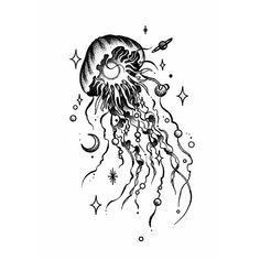 a black and white drawing of a jellyfish with stars on it's head