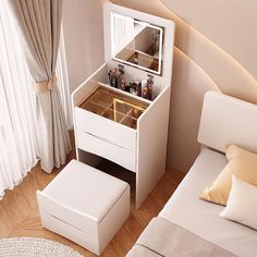 a bedroom with a white vanity and stool