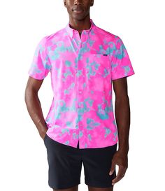 From Chubbies, this shirt features:Allover printClassic fitPoint collarShort sleevesButton-front closureSingle patch pocket on the left side of chestCurved hemUltra-lightweight, quick-drying, breathable, durable BreezeTech fabricPerforated polyester/spandex fabricMachine wash/tumble dryImported. Pink Cotton Short Sleeve Camp Shirt, Short Sleeve Printed Pink Camp Shirt, Pink Printed Short Sleeve Camp Shirt, Leadership Retreat, The Finest Hours, Polyester Spandex Fabric, Dillard's, Bright Pink