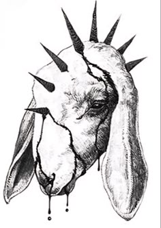 a drawing of a goat's head with horns and spikes on its head, in black and white