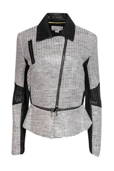 Current Boutique-Nicole Miller - Black & White Woven Moto-Style Jacket Sz L Sleek White Outerwear For Work, Sleek Tailored White Outerwear, Spring Workwear Blazer With Zipper Closure, Sleek White Outerwear For Office, White Zipper Closure Outerwear For Work, Color Block Design, Dressy Fashion, Woven Jacket, Moto Style