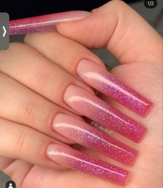 Basic Long Nails, Pink Sparkle French Tip Nails, Pink Glitter Ombre Nails, Glittery Nail Ideas, Glittery Pink Nails, Glittery Acrylic Nails, Ombre Nails Glitter, Drip Nails