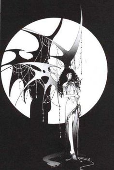 a drawing of a woman standing in front of a moon with chains hanging from it