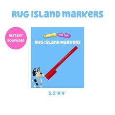 an image of a red marker with the words rug island markers on it and a cartoon dog