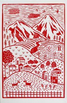 a red and white print with mountains, trees, and houses in the foreground