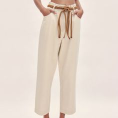 Dimensions: Waist: 32.0" Hips: 42.0" Inseam: 25.0" Composition: Outer Shell 60% Lyocell, 40% Cotton High Waisted Pants With Woven Belt. Front Pockets. Elastic Ruched Waist. Beige Straight Leg Bottoms For Vacation, Beige Tapered Leg Bottoms For Summer, High Waist Belted Bottoms For Beach, Beige High-waisted Beach Pants, Belted High-waist Beach Bottoms, Beige Straight Leg Pants For Vacation, Vacation Beige Straight Leg Bottoms, Casual Belted Bottoms For Vacation, Casual Vacation Bottoms With Belt