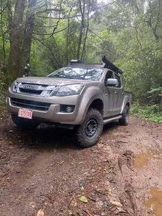 a silver truck parked on top of a dirt road in the woods with trees behind it