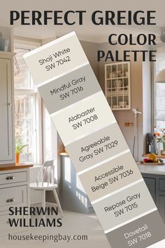 The image shows a "Perfect Greige Color Palette" by Sherwin Williams. It features seven paint colors displayed vertically:

Shoji White SW 7042
Mindful Gray SW 7016
Alabaster SW 7008
Agreeable Gray SW 7029
Accessible Beige SW 7036
Repose Gray SW 7015
Dovetail SW 7018
In the background, there is a cozy kitchen space with soft lighting and neutral-toned cabinetry that complements the greige tones in the color palette. Sherwin Williams Greige Cabinets, Sherwin Williams Greige, Sherwin Williams Perfect Greige, Mindful Gray, Accessible Beige