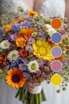 a woman holding a bouquet of flowers with color swatches in front of her face