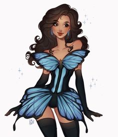 a drawing of a woman wearing a butterfly dress and thigh high boots with her hands on her hips