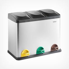 three bins with different colored lids on the top one is white and the other is black