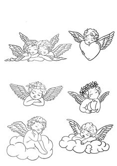 four angels with hearts and clouds in black and white, one has an angel's head