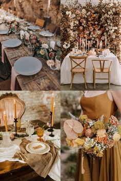 the wedding table is decorated with flowers, candles and other things to be used for decor