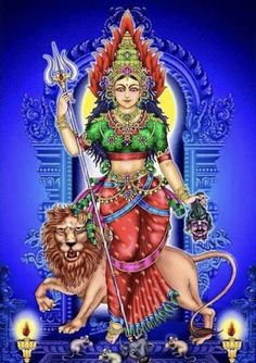 the hindu goddess is depicted in this colorful painting, which depicts an animal and her lion