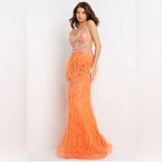 Jovani Fitted Silver Beaded Orange Feathered Long Dress. Perfect For Prom, Homecoming, Mardi Gras, Wedding, Or Holiday Evening Parties. Zips In Back. Comes With Over The Elbow Polyester Gloves. Some Wear On The Elbow’s. Dress Has No Tears Or Rips Or Any Beads Missing. Smoke Free/Pet Free Home. Measures: 61” From The Shoulder To Hem In Front 65” In The Back Beaded Orange, Mardi Gras Wedding, Beaded Feather, Jovani Dresses, Homecoming Dress, Evening Party, Silver Beads, Mardi Gras, Homecoming Dresses