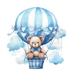 a teddy bear sitting on top of a hot air balloon in the sky with clouds