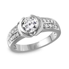 a white gold ring with diamonds on the sides and a center stone in the middle