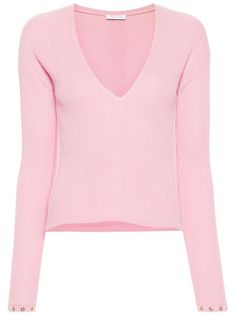 bubblegum pink wool ribbed knit metal eyelet detailing gold-tone logo plaque plunging V-neck long sleeves straight hem Fitted Fine Knit V-neck Sweater For Spring, Fine Knit Long Sleeve V-neck Sweater For Spring, Spring Cashmere V-neck Long Sleeve Sweater, Spring Cashmere V-neck Sweater With Long Sleeves, Trendy Long Sleeve Cashmere Top, Chic V-neck Sweater With Ribbed Cuffs For Spring, Elegant Pink V-neck Sweater, Pink Cashmere Tops For Spring, Wool Jumper