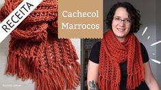 a woman wearing an orange scarf with fringes and text that reads,'crochet